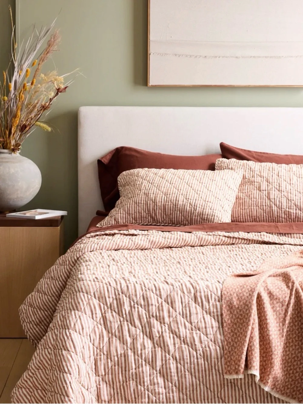 Quince European Linen Striped Quilt in Latte and white King Size